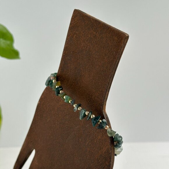 Moss Agate Gemstone Bracelet 8" With Gold-Tone Beads & Spring Ring Clasp - Picture 6 of 9